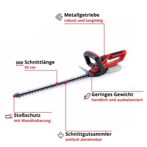 Einhell Akku-Heckenschere GC-CH 1855/1 Li Solo: Rot-schwarze Heckenschere mit 55cm Schnittlänge.
