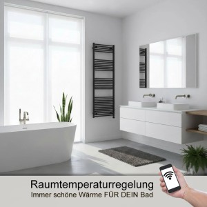 Schwarze anapont Heizpatrone (300W) für Badheizkörper mit WLAN/Bluetooth im modernen Badezimmer.