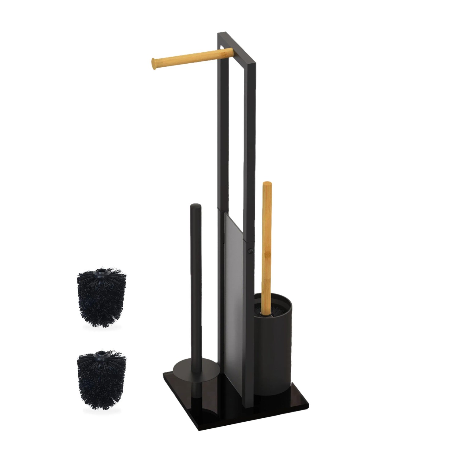 Relaxdays WC Garnitur Metall Bambus Schwarz Freistehend 65 cm x 21 cm x 18 cm 1,3 kg