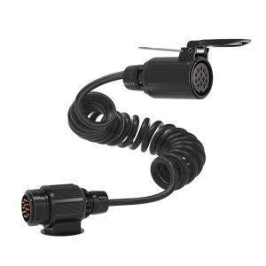 Schwarzes 3m Spiralkabel 13-polig als Anhänger Verlängerungskabel. Stecker und Buchse für PKW und Transporter.
