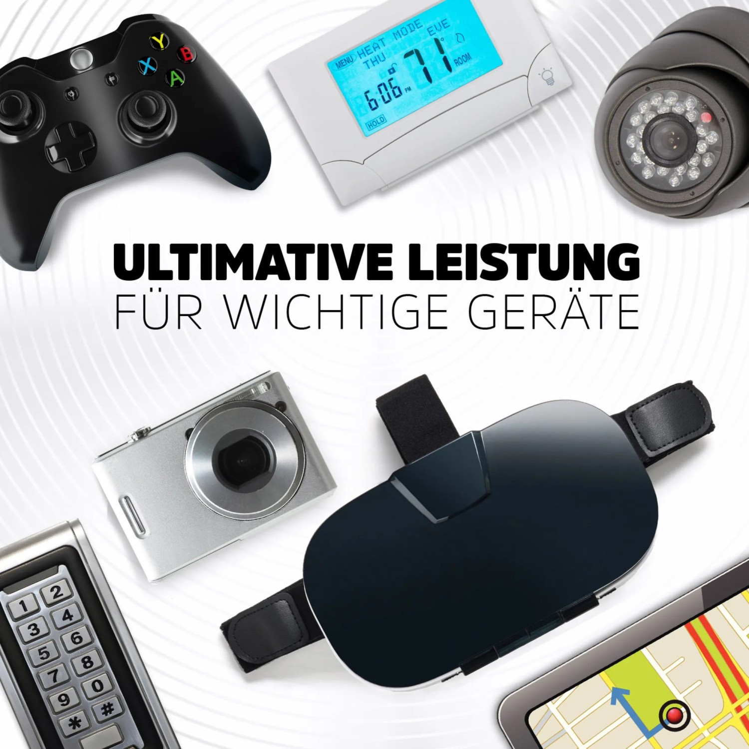 Anwendungsbeispiele für Energizer Lithium AA Batterien: Gamecontroller, Kamera, Tablet, VR-Brille, Überwachungskamera.