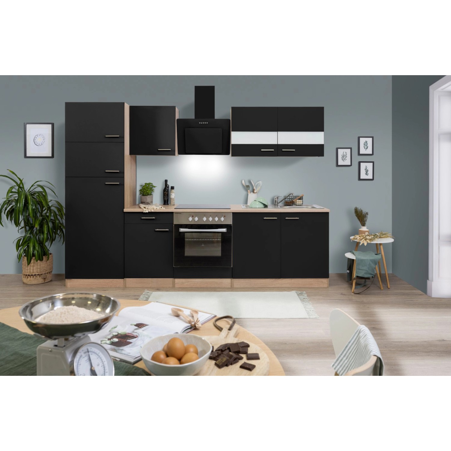 Respekta Küchenzeile/Küchenblock KB270ESSCGKE 270 cm Schwarz-Eiche Sägerau Nachbildung