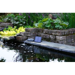 Ubbink AIR Solar 100 Teichbelüftungspumpe mit Solarmodul und Luftsprudler im Gartenteich.