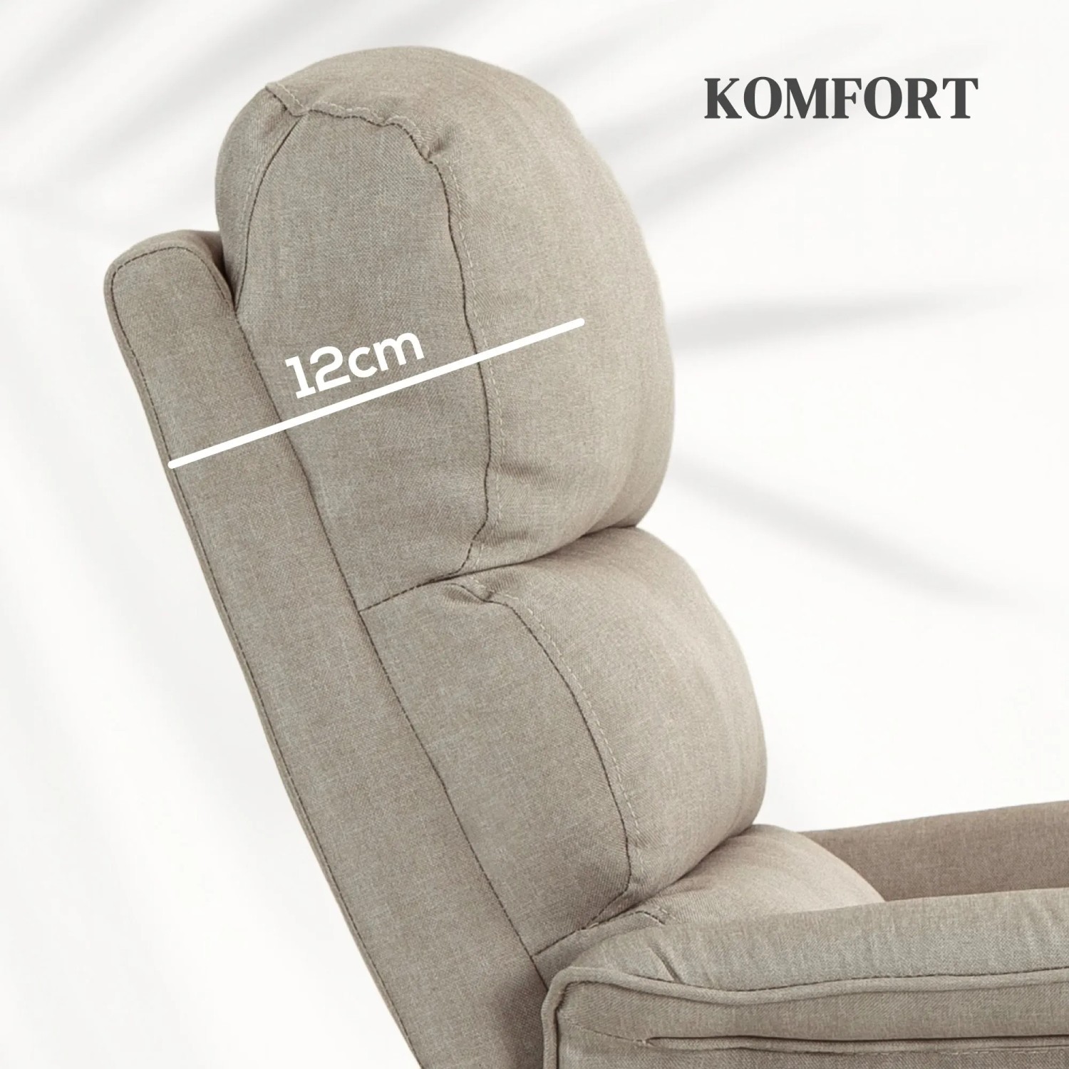 Beiger HOMCOM Aufstehsessel: Detail der 12 cm dicken Kopfstütze und gepolsterten Rückenlehne aus Polyester. Komfort.