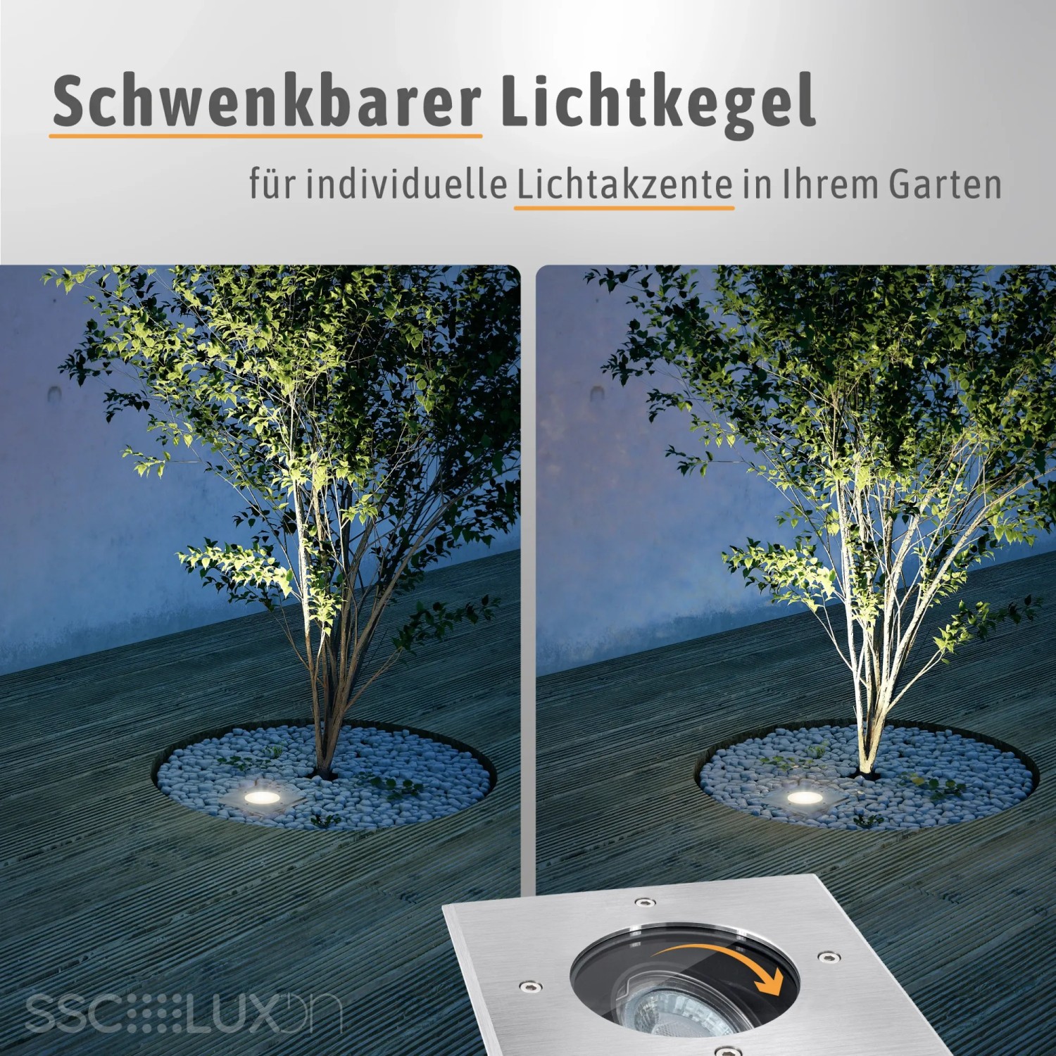 4er Set SSC-LUXon Juavi Bodeneinbaustrahler, eckig, silber, schwenkbar, für GU10, ohne Leuchtmittel. Einsatz im Garten.