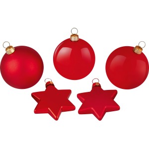 Weihnachtskugel-Set Sterne, 50-teilig, Rot, mit glänzenden und matten Oberflächen.