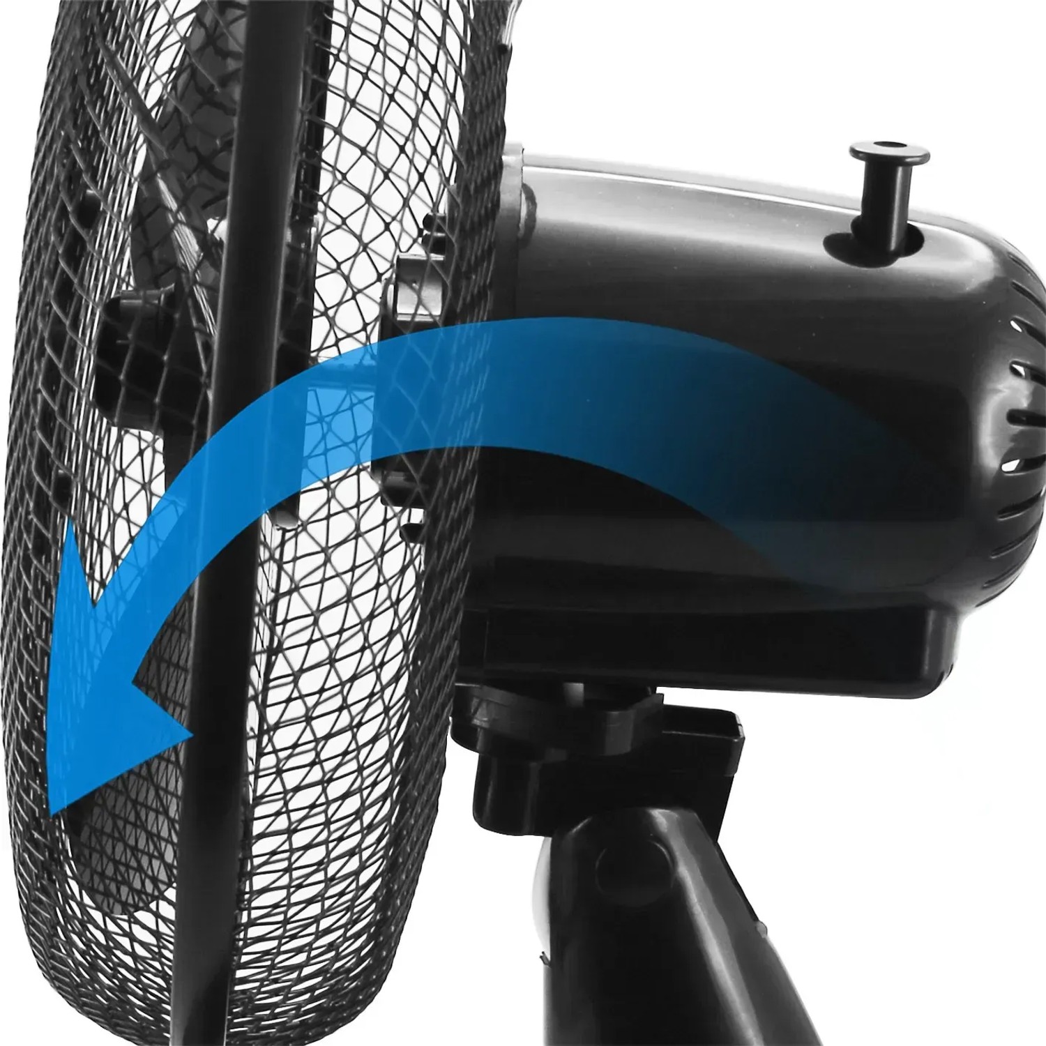 Detailaufnahme: Schwarzer Emerio Tischventilator (23 cm) mit Neigungsfunktion.