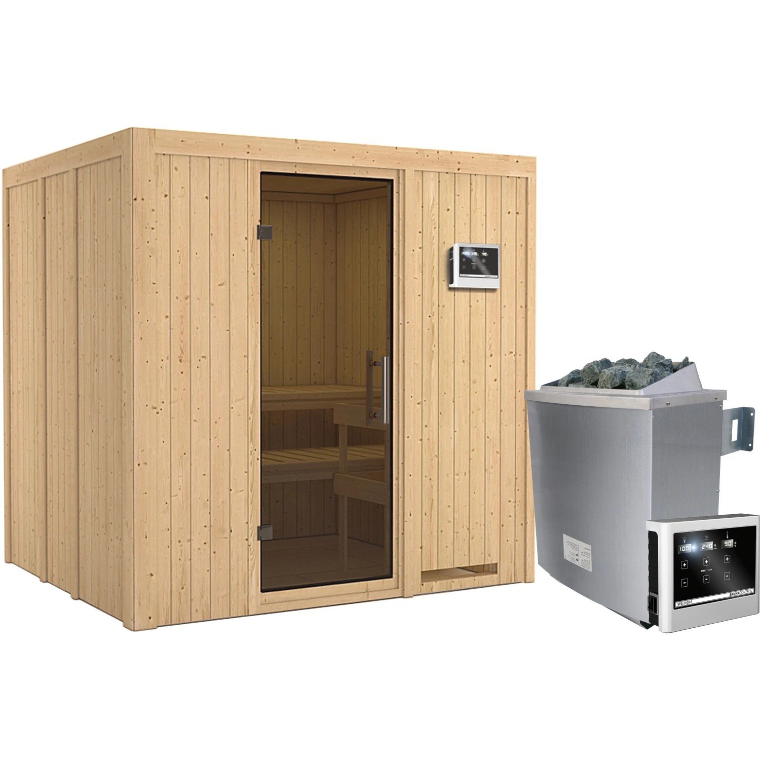 Karibu Sauna-Set Stina inkl. Ofen 9 kW mit ext. Steuerung, Tür Graphit