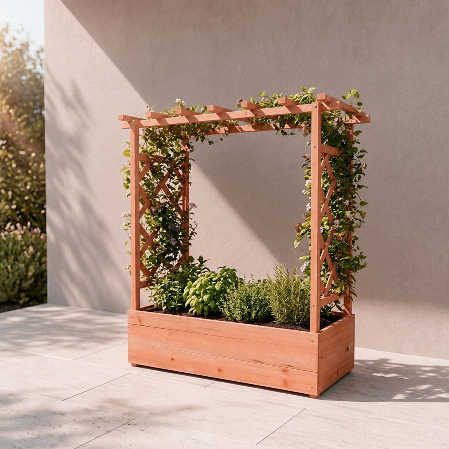 Wetterfester Blumenkasten aus Tannenholz, orange, mit Rankgitter und Dach. Bepflanzt auf Terrasse für vertikales Gärtnern.