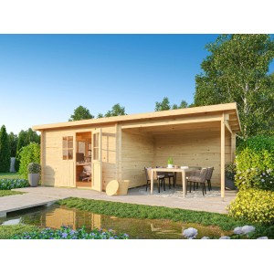 Graues Fjordholz Pultdach Gartenhaus Modell Ezra 4J 28 mm mit geöffneter Doppeltür und überdachter Terrasse.