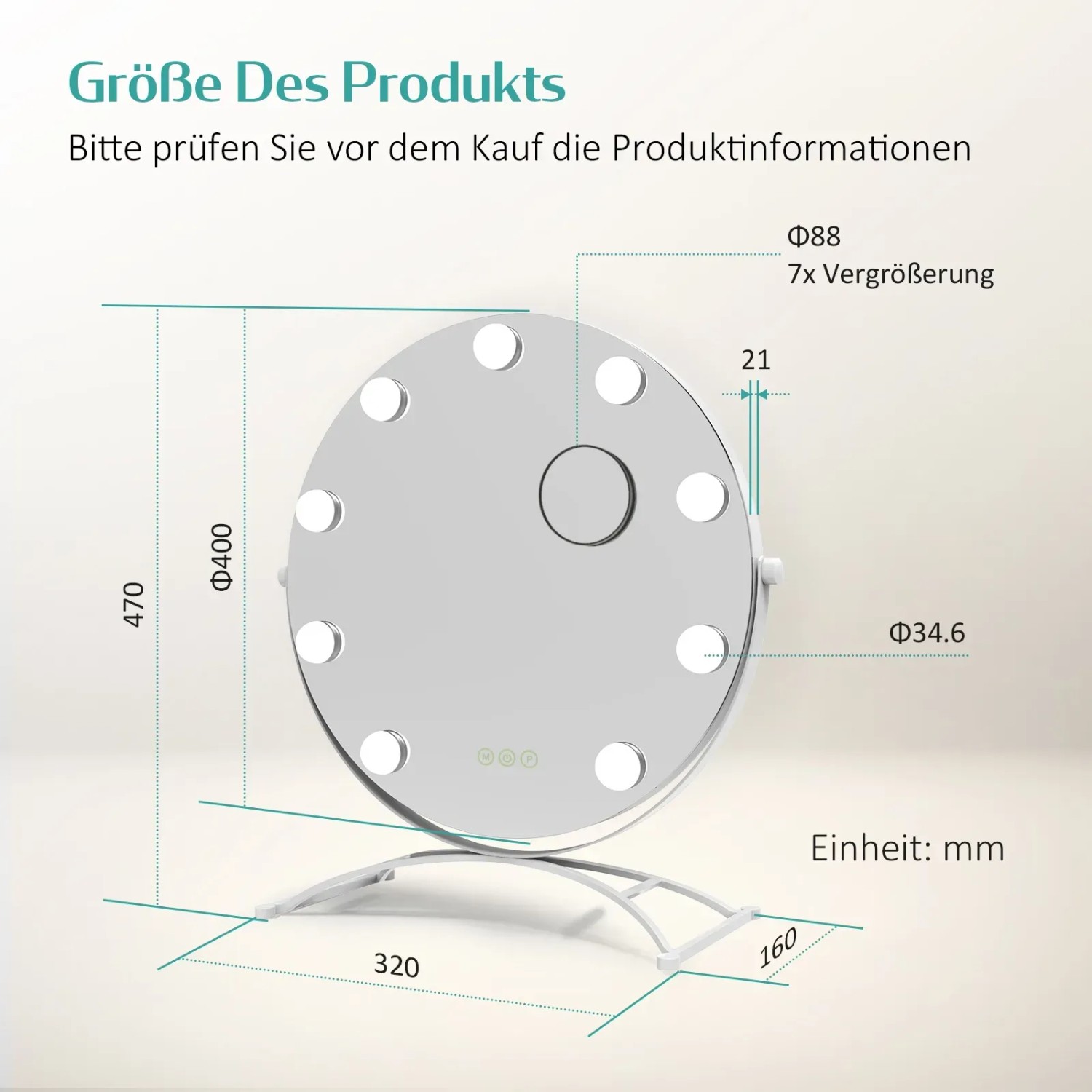 Emke Hollywood Kosmetikspiegel mit Maßen und Details zur Größe des Produkts.