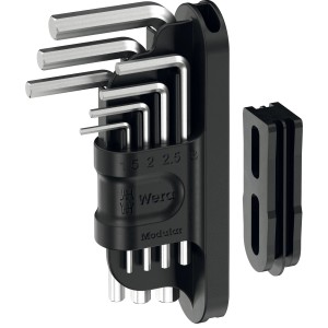 Wera Winkelschlüsselset Tool-Check Hex-Plus 1, 7-teilig, mit Halter und Adapter für Schraubendreher.