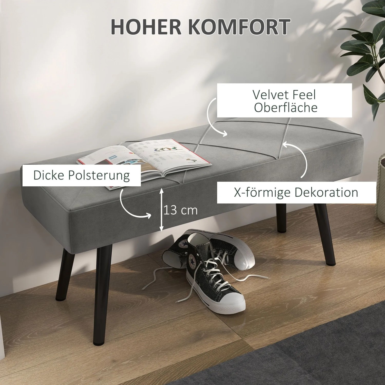 Graue HOMCOM Polsterbank mit Samtoptik, X-Muster, dicker Polsterung und schwarzen Stahlbeinen.