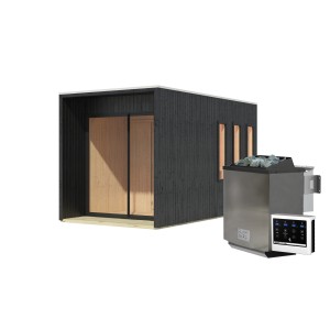 Karibu Saunahaus Cancun Set, schwarzes Holz mit Saunaofen und externer Steuerung.