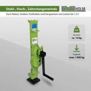 TRUTZHOLM Stockwinde, 1500 kg Tragkraft, grüne Hebewinde mit Kurbel und großer Grundplatte.