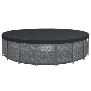 Runder Bestway Frame Pool APX365 mit grauem Marmor-Design, Stahlrahmen und dunkler Abdeckplane, winterfest.