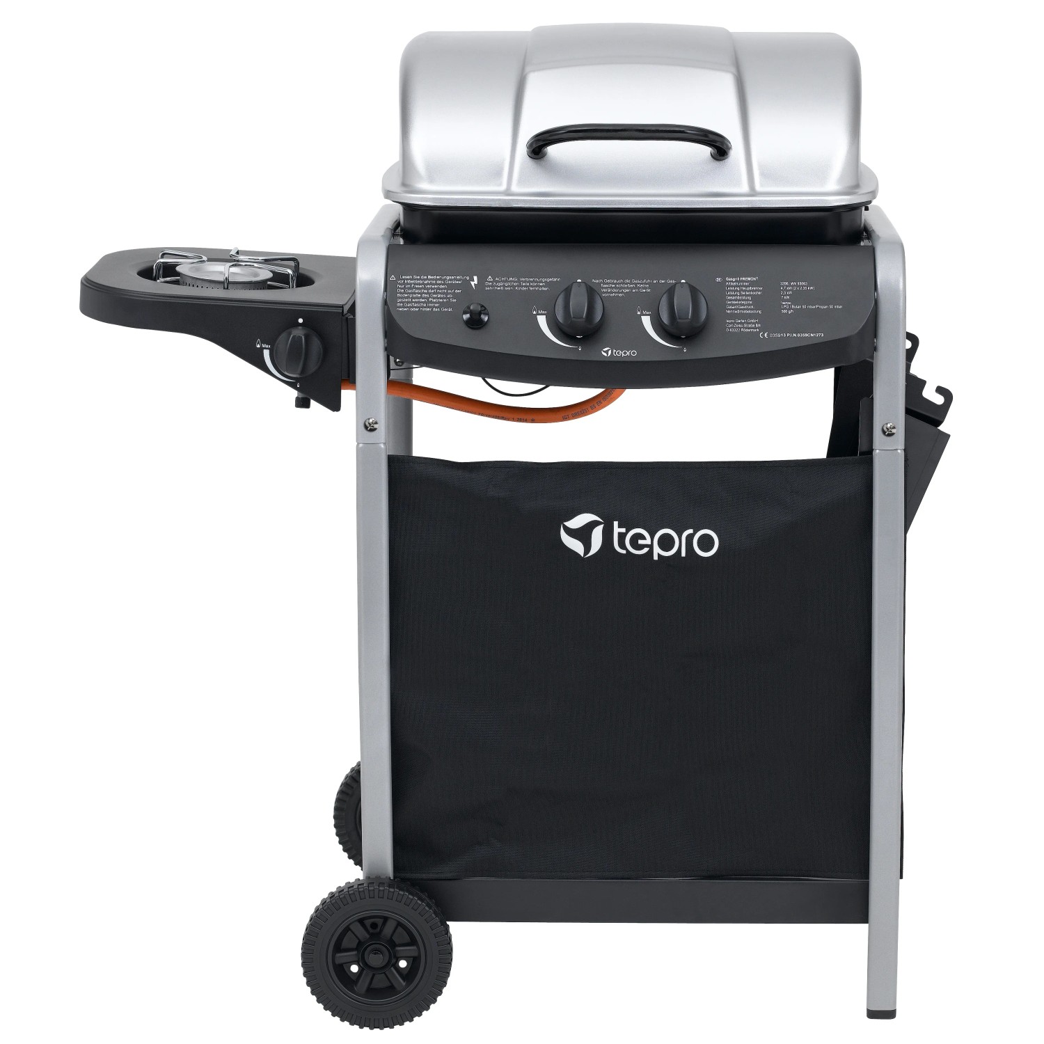 Kompakter tepro Gasgrill Fremont in Schwarz/Silber mit Seitenkochfeld und Ablagefläche.