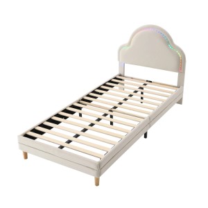Beiges okwish Polsterbett 90x200 mit LED-Streifen und Lattenrost.