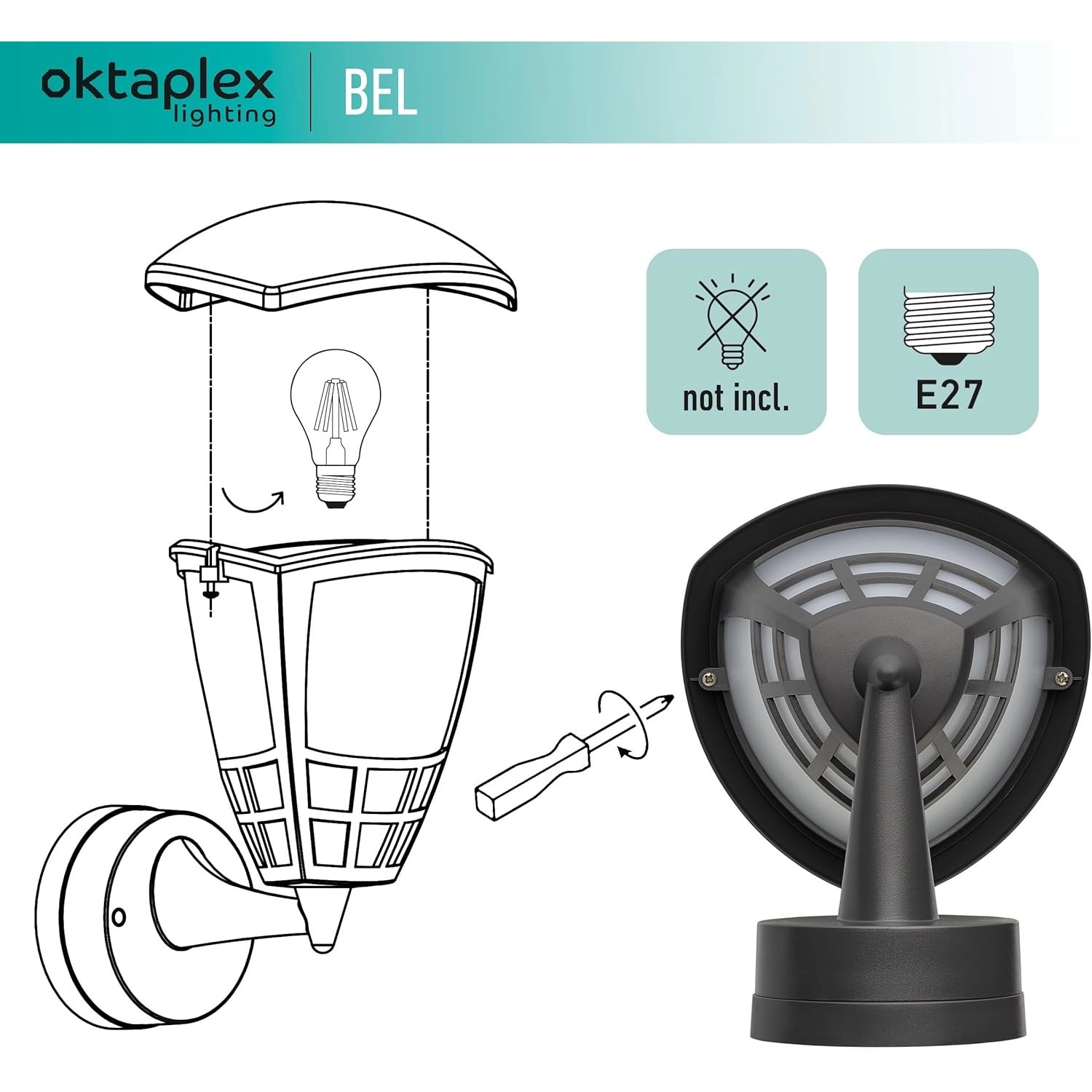 Oktaplex Bel Außenlampe, anthrazit, E27 Sockel, Leuchtmittel wechselbar, Montage und Leuchtmittelwechsel Schema.