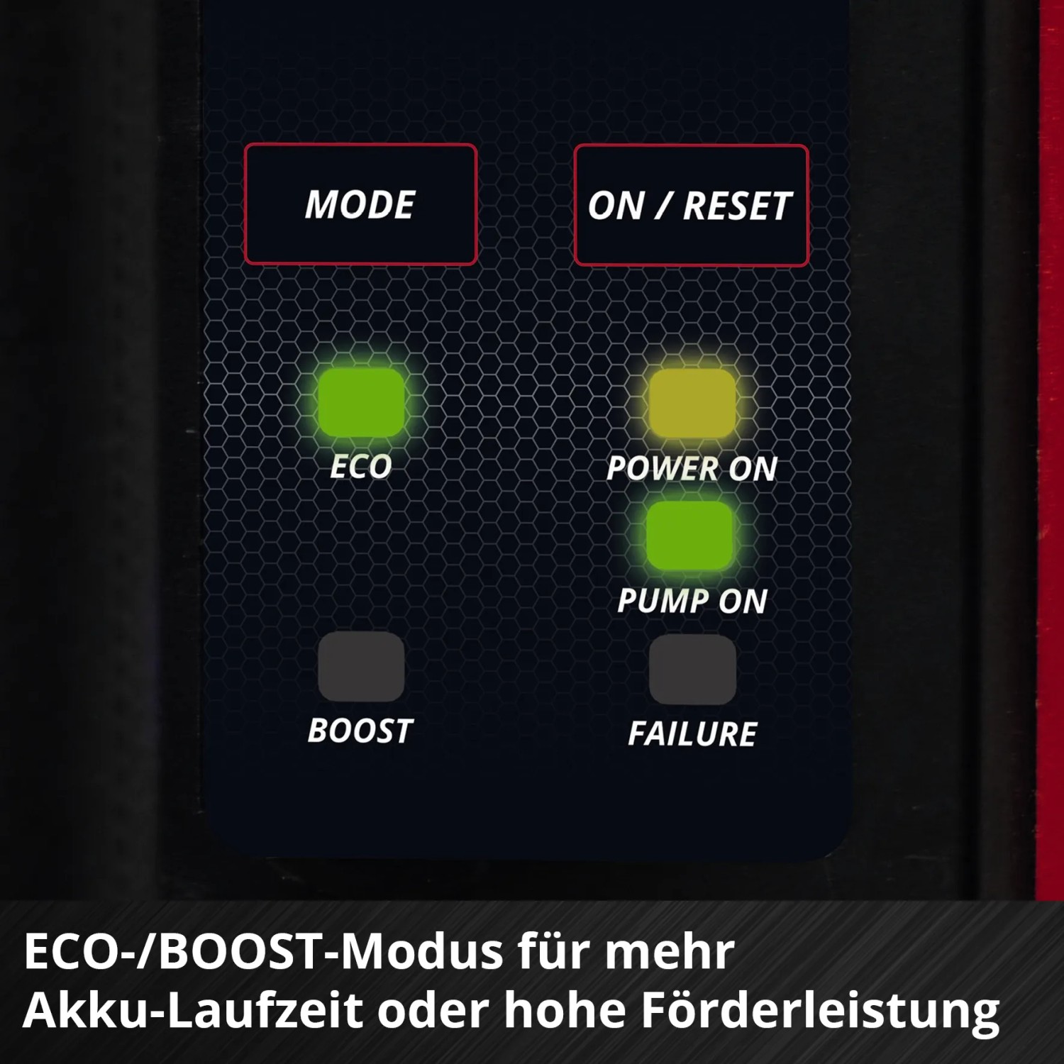 Detailaufnahme der Einhell Aquinna 36/38 F LED Akku-Gartenpumpe: Anzeige von Modi und Status.