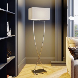 Moderne, weiße Lucande Stehlampe Evaine aus Metall mit rechteckigem Lampenschirm.