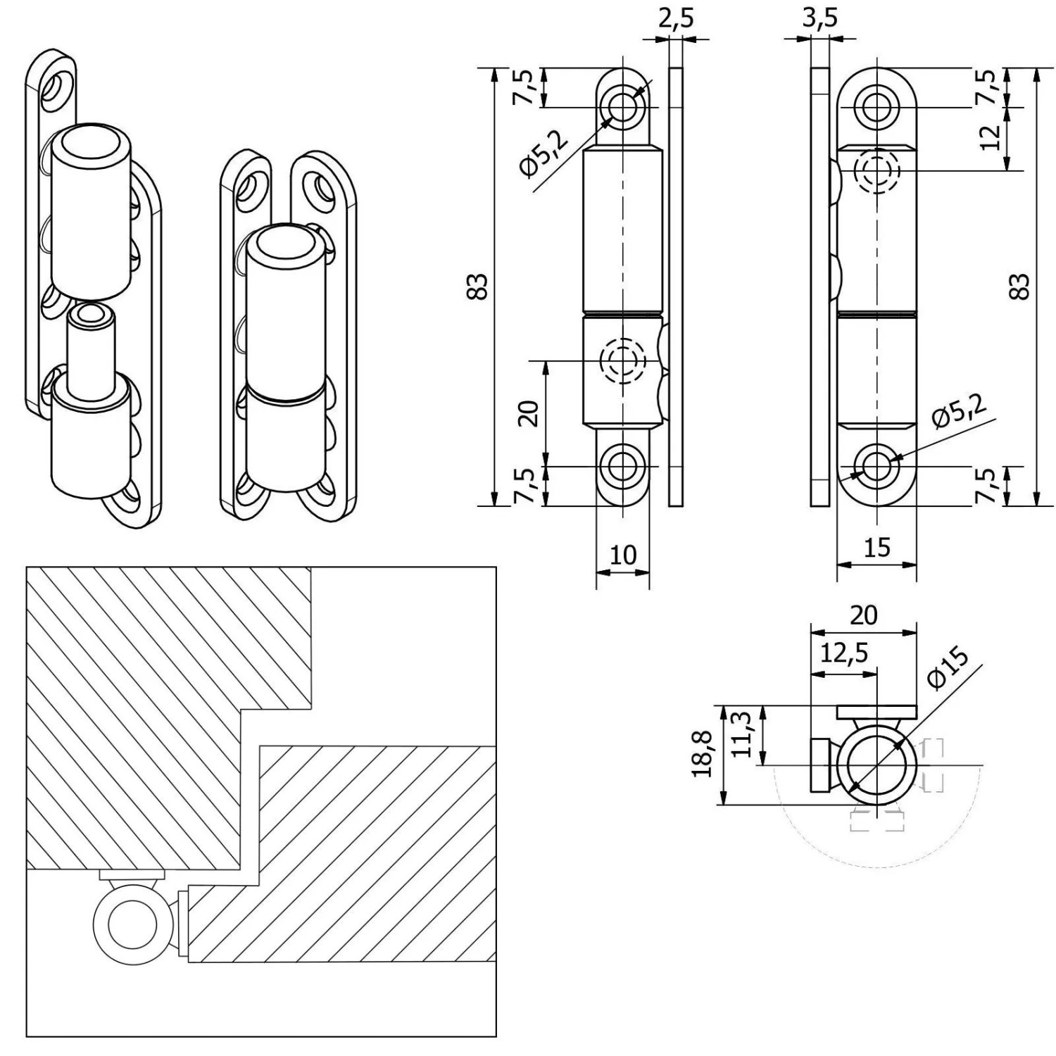 Technische Zeichnung: SOTECH Türband Aufschraubband 15x83 mm, weiß, mit Maßangaben für Montage.