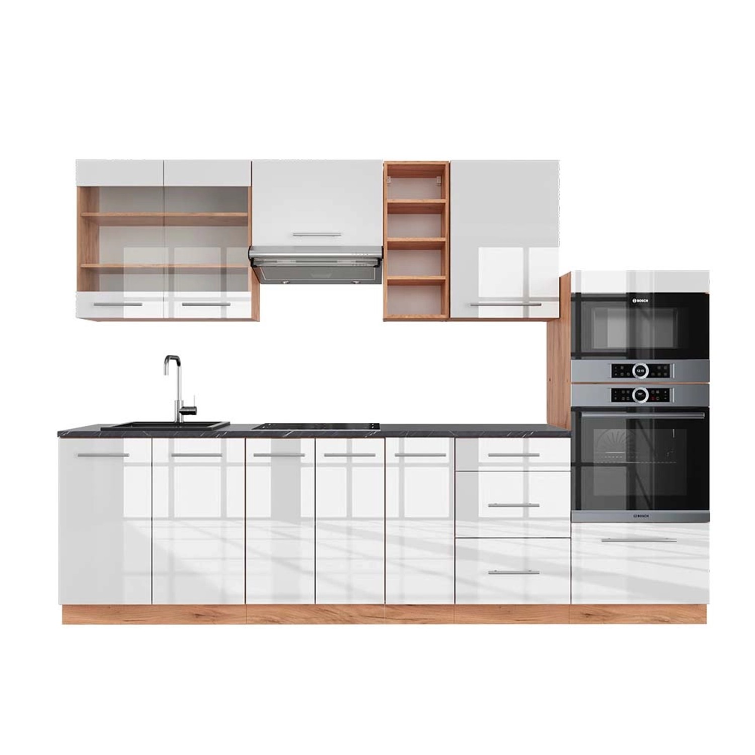 Vicco Fame-Line Küchenzeile Weiß Hochglanz/Goldkraft Eiche 280 cm AP Anthra günstig online kaufen