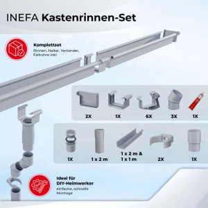INEFA Dachrinnen Set aus anthrazitfarbenem Kunststoff, Kastenrinne NW68. Zeigt alle Komponenten für Dachentwässerung.