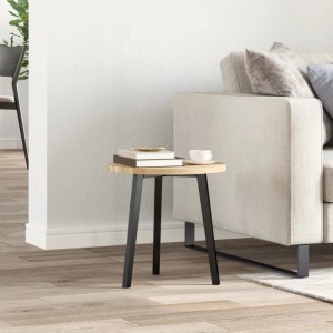 Runde vidaXL Tischplatte aus hellem Akazien Massivholz, Ø40 cm, 2 cm dick, auf schwarzem Gestell neben Sofa.