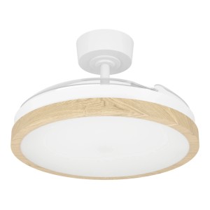 Eglo LED-Deckenventilator Malpica mit eingezogenen Flügeln, weißem Gehäuse und Holzoptik-Rand als Deckenleuchte.