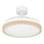Eglo LED-Deckenventilator Malpica mit eingezogenen Flügeln, weißem Gehäuse und Holzoptik-Rand als Deckenleuchte.