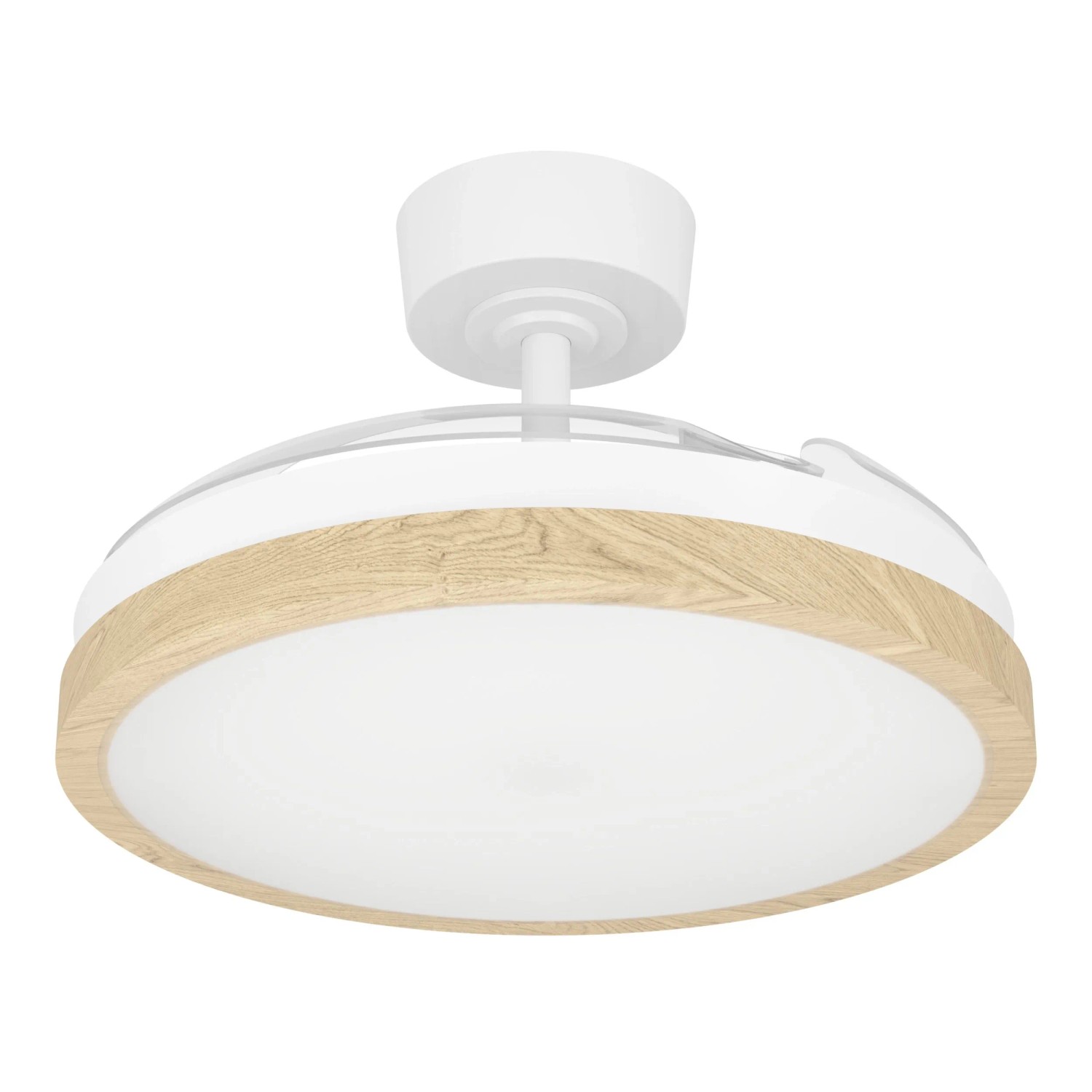 Eglo LED-Deckenventilator Malpica mit eingezogenen Flügeln, weißem Gehäuse und Holzoptik-Rand als Deckenleuchte.