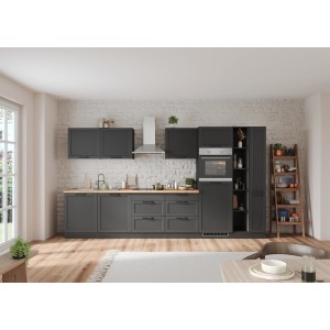 Moderne graue Held Küchenzeile Kempten 360 cm ohne E-Geräte. Einbauküche mit Hängeschränken.