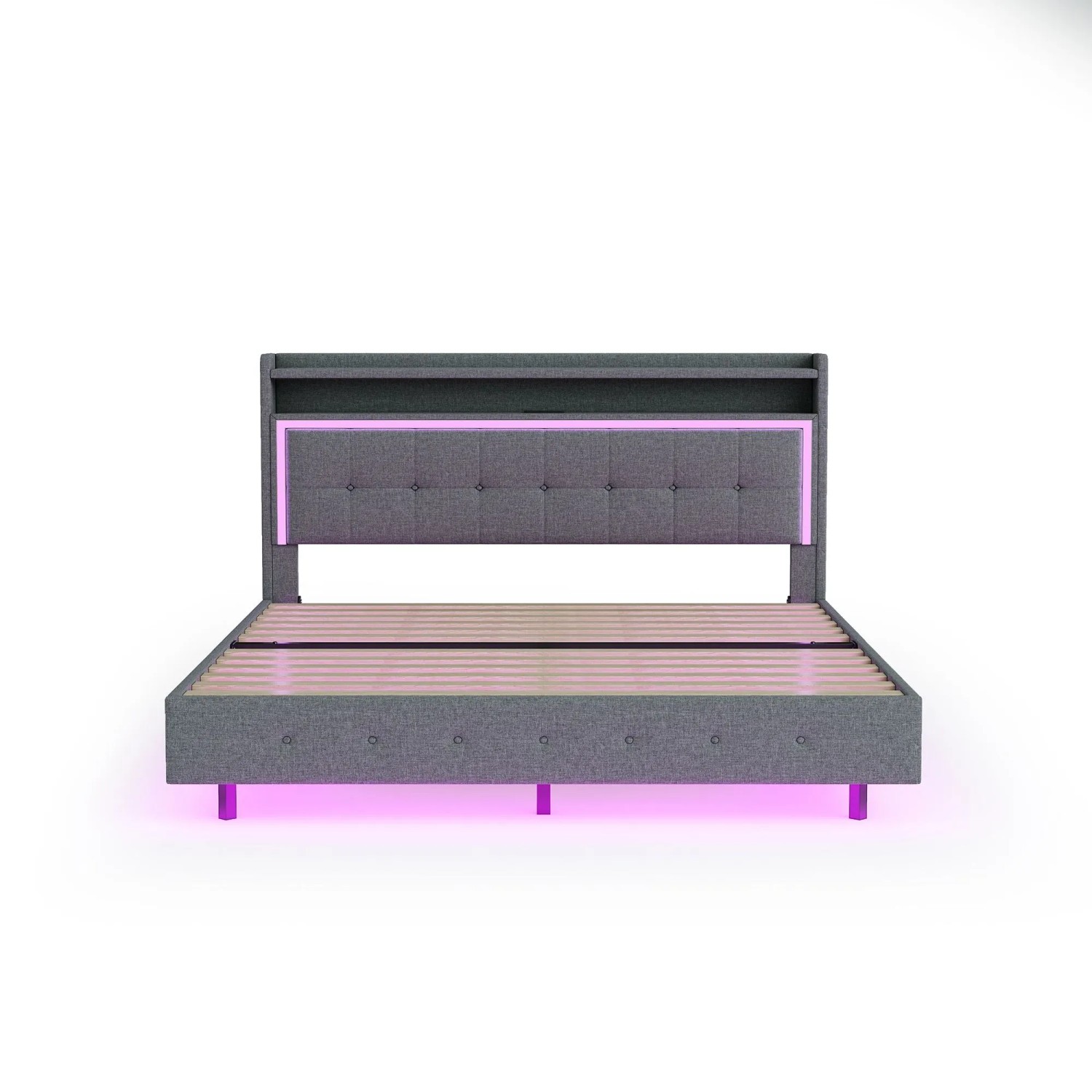 okwish Polsterbett 160x200cm mit USB LED Verstecktem Fußteil Grau ohne Matratze