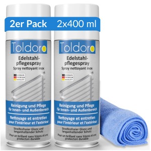 Toldoro Edelstahl Pflegespray 2er Set mit Mikrofasertuch zur Edelstahlreinigung.