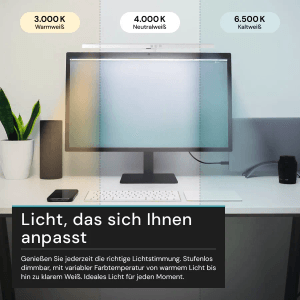 LUXULA Monitorleuchte am Schreibtisch mit Farbtemperatur-Optionen (Warmweiß, Neutralweiß, Kaltweiß).