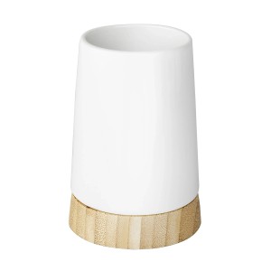 Wenko Zahnputzbecher Bamboo, weiße Keramik mit Bambusfuß, für Bad und WC.