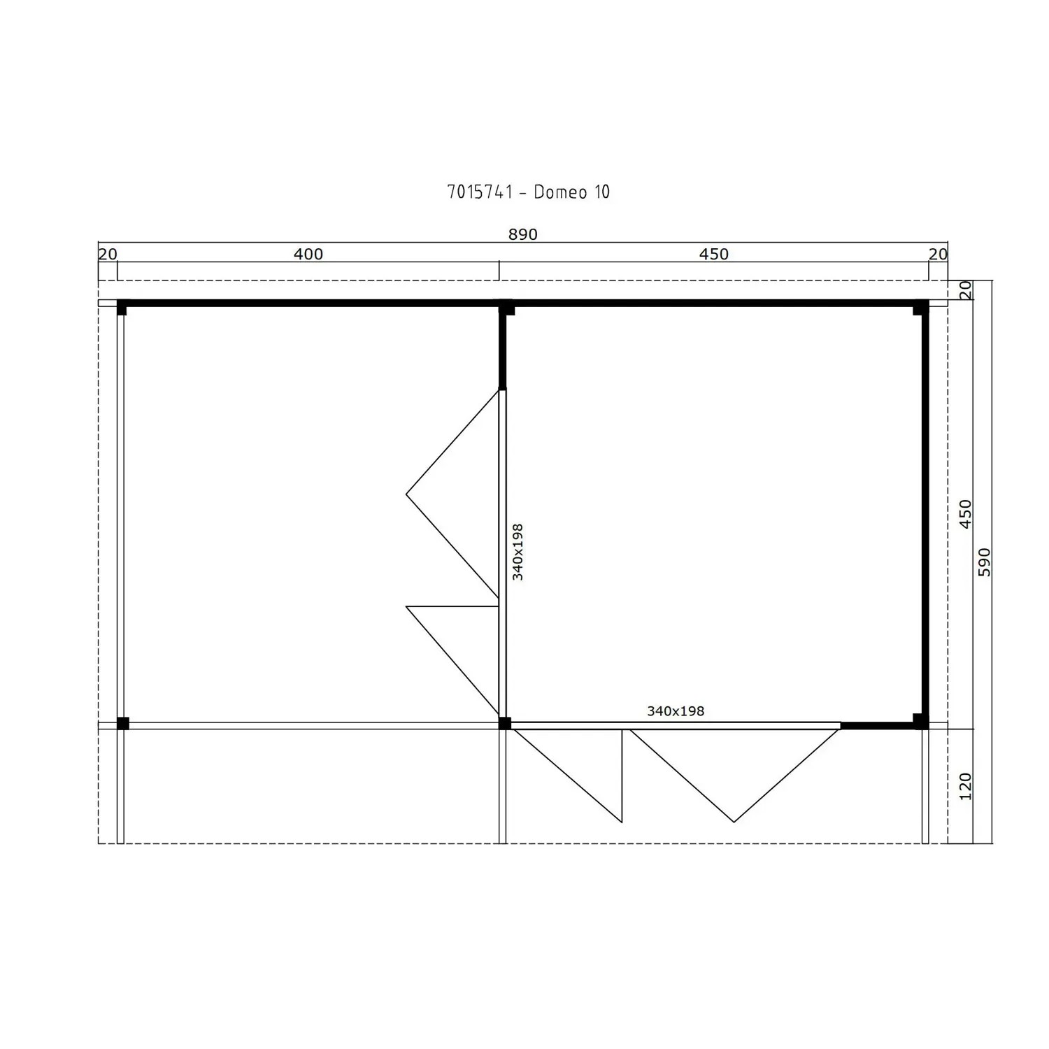 Grundriss Lasita Maja Ferienhaus Domeo 10, lichtgrau, 450x450 cm, mit Maßen.