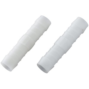 Zwei weiße Schlauchverbinder aus Kunststoff, 16 mm, für die Verbindung von Gartenschläuchen.