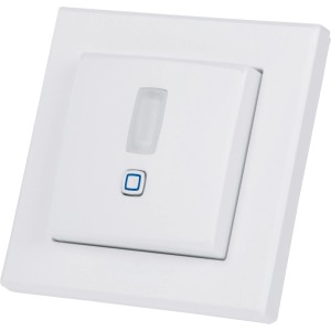 Weißer Homematic IP Bewegungsmelder für 55er Rahmen innen, mit Sensor und blau umrandetem Knopf. Für Hausautomation.