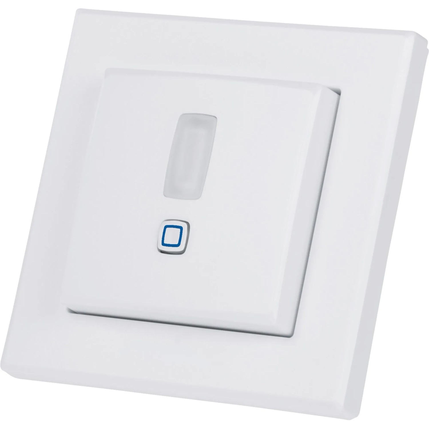 Weißer Homematic IP Bewegungsmelder für 55er Rahmen innen, mit Sensor und blau umrandetem Knopf. Für Hausautomation.