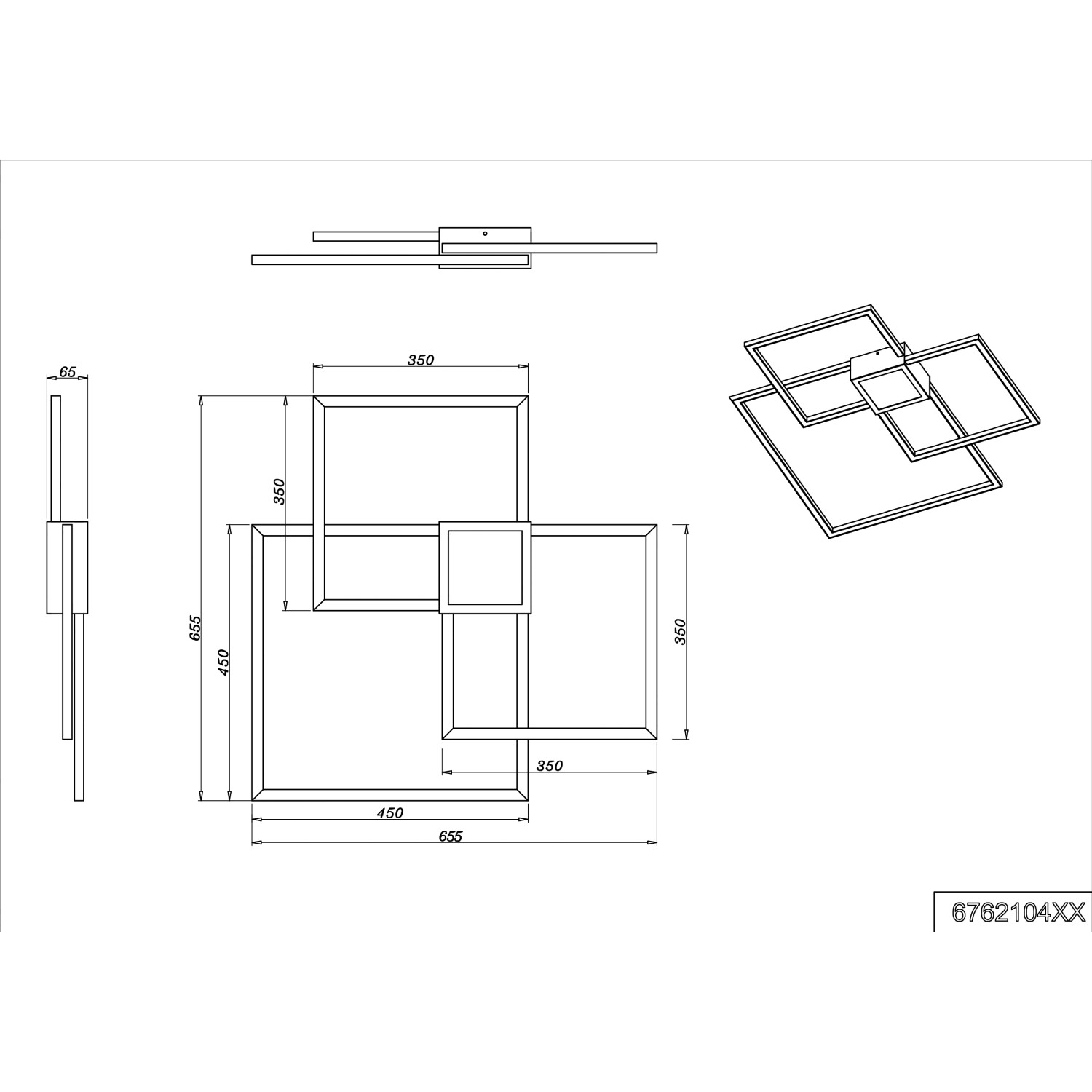 Technische Zeichnung der Trio LED-Deckenlampe Hydra, Nickel matt, mit Maßangaben.