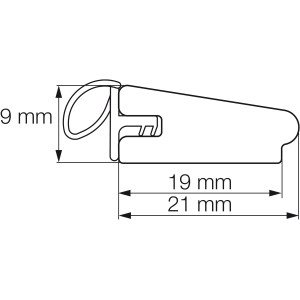 Profil der weißen Tür- und Fensterleiste (21x9 mm) mit Dichtung, Maße sind eingezeichnet.