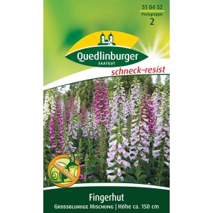 Samenpackung Quedlinburger Fingerhut, großblumige Mischung mit Blüten in Weiß, Rosa und Lila.