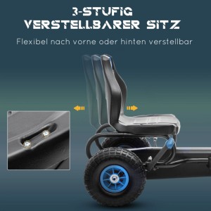 Schwarzer, 3-fach verstellbarer Sitz eines HOMCOM Gokarts für Kinder, mit blauen Akzenten und Verstellfunktion.