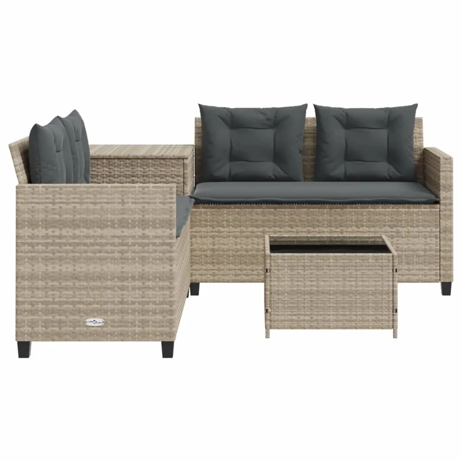 Hellgraues vidaXL Gartensofa in L-Form mit Tisch und grauen Kissen aus Polyrattan.