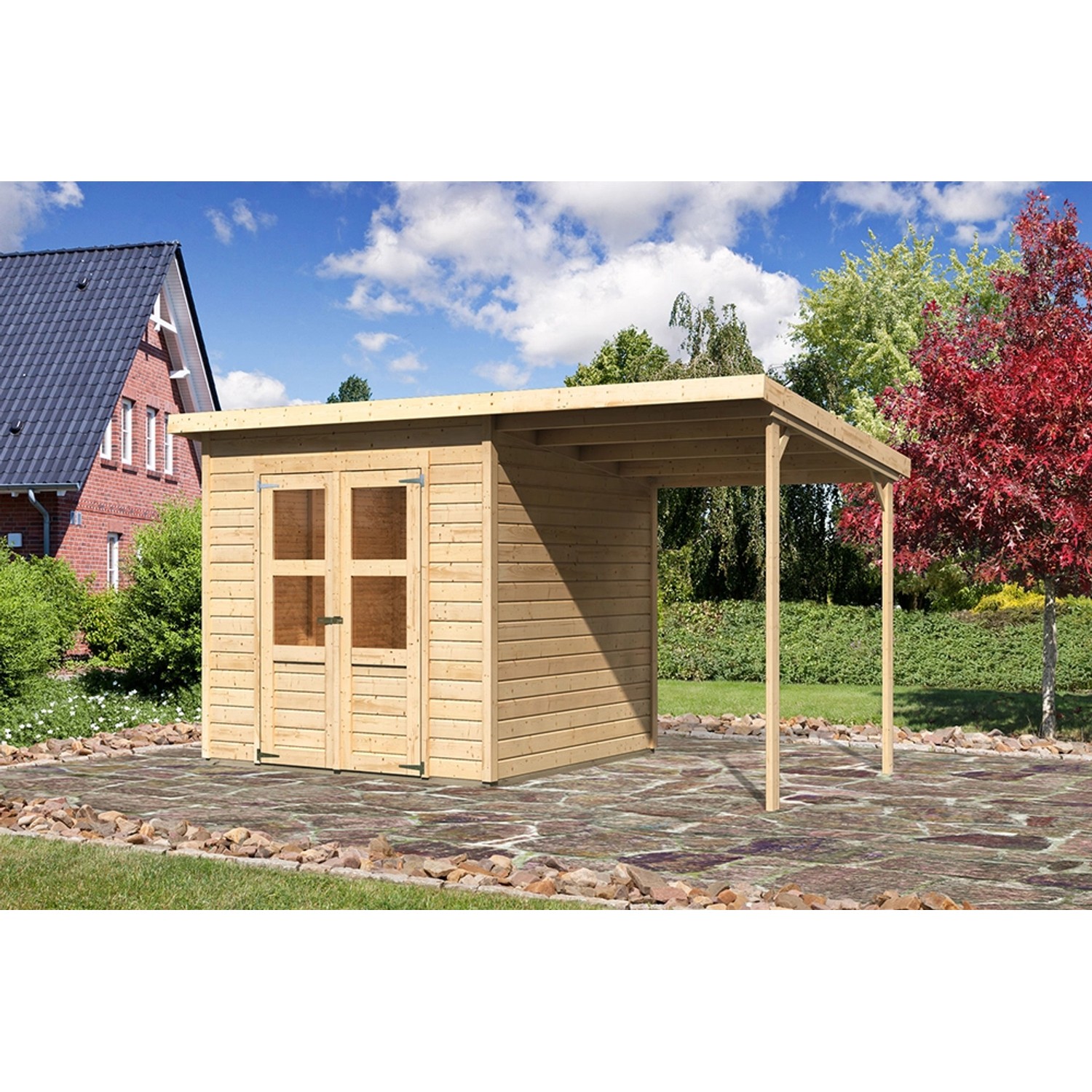 Karibu Holz-Gartenhaus Vellinge, unbehandelt, mit Doppeltür und Anbau. Ideal zur Gartengeräte-Lagerung.