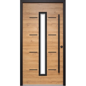 Splendoor Haustür ThermoSpace Milano Prime Woodeffect, Eiche natur, mit Glaseinsatz und schwarzem Stoßgriff.