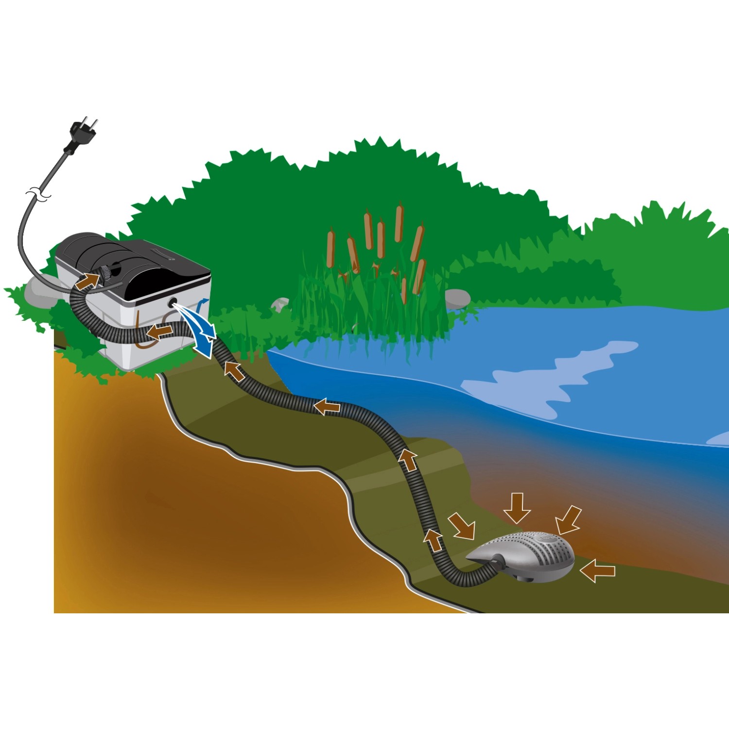 Heissner Aqua Craft Smart Teichpumpe mit Schlauch im Einsatz am Teichufer, Illustration.
