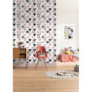 Kinderzimmer mit Vliestapete 101 Dalmatiner von Komar mit Dreiecken und Dalmatiner-Motiven.